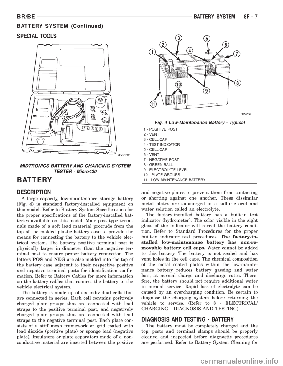 DODGE RAM 2002 Service Repair Manual SPECIAL TOOLS
BATTERY
DESCRIPTION
A large capacity, low-maintenance storage battery
(Fig. 4) is standard factory-installed equipment on
this model. Refer to Battery System Specifications for
the prope DODGE RAM 2002 Service Repair Manual SPECIAL TOOLS
BATTERY
DESCRIPTION
A large capacity, low-maintenance storage battery
(Fig. 4) is standard factory-installed equipment on
this model. Refer to Battery System Specifications for
the prope