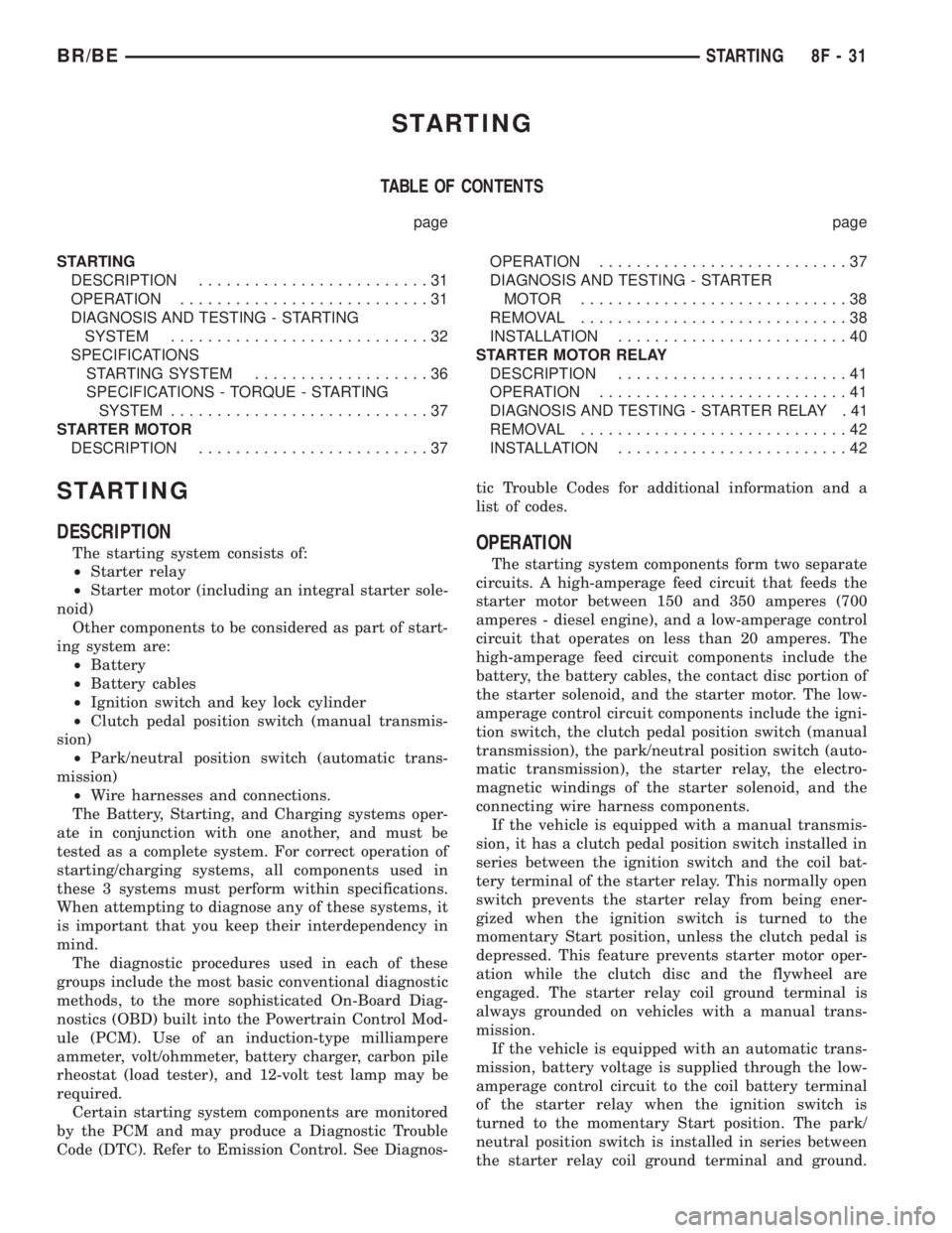 DODGE RAM 2002 Service Repair Manual STARTING
TABLE OF CONTENTS
page page
STARTING
DESCRIPTION.........................31
OPERATION...........................31
DIAGNOSIS AND TESTING - STARTING
SYSTEM............................32
SPECIF DODGE RAM 2002 Service Repair Manual STARTING
TABLE OF CONTENTS
page page
STARTING
DESCRIPTION.........................31
OPERATION...........................31
DIAGNOSIS AND TESTING - STARTING
SYSTEM............................32
SPECIF