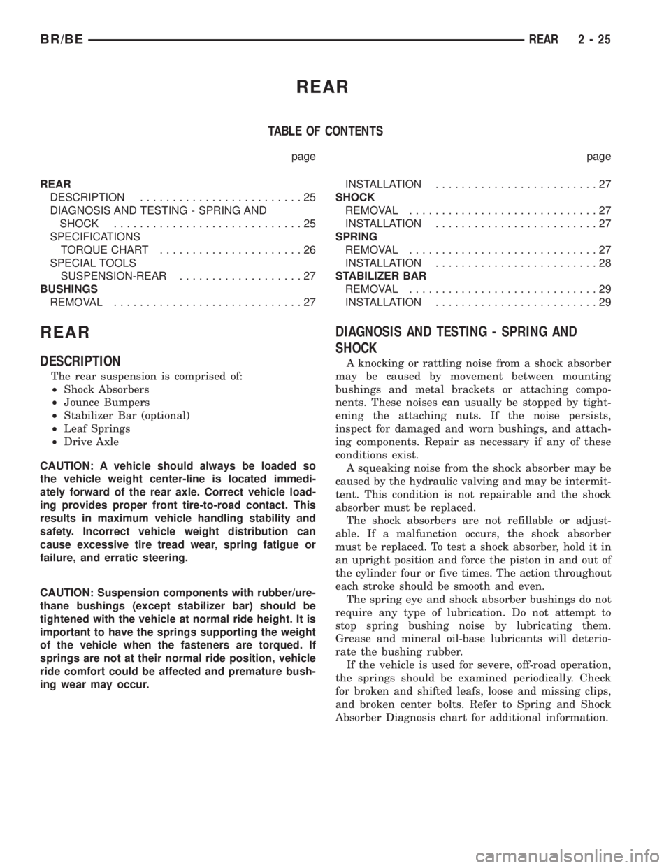 DODGE RAM 2002 Service Repair Manual REAR
TABLE OF CONTENTS
page page
REAR
DESCRIPTION.........................25
DIAGNOSIS AND TESTING - SPRING AND
SHOCK.............................25
SPECIFICATIONS
TORQUE CHART......................26 DODGE RAM 2002 Service Repair Manual REAR
TABLE OF CONTENTS
page page
REAR
DESCRIPTION.........................25
DIAGNOSIS AND TESTING - SPRING AND
SHOCK.............................25
SPECIFICATIONS
TORQUE CHART......................26