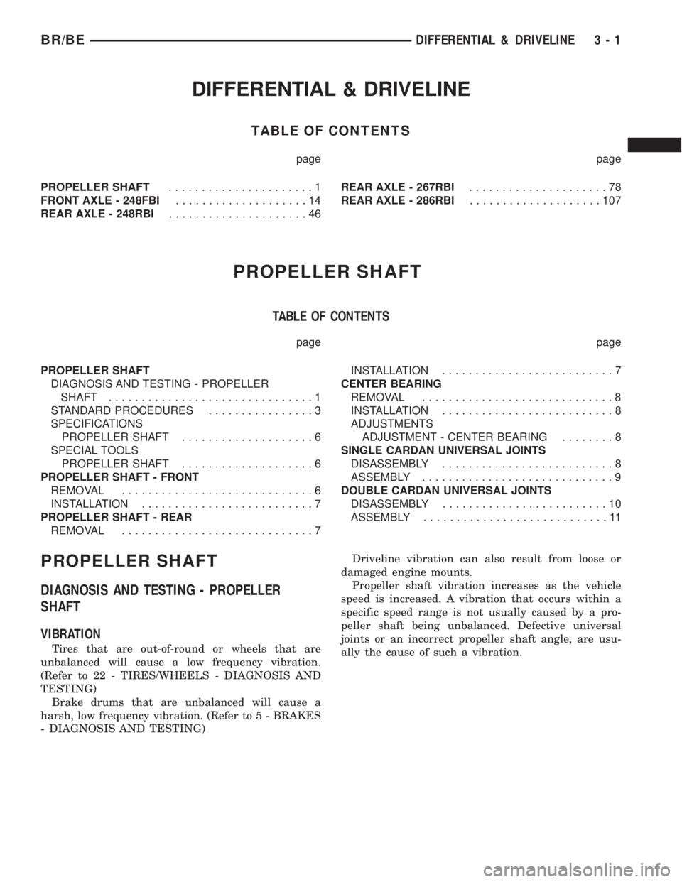 DODGE RAM 2002 Service Repair Manual DIFFERENTIAL & DRIVELINE
TABLE OF CONTENTS
page page
PROPELLER SHAFT......................1
FRONT AXLE - 248FBI....................14
REAR AXLE - 248RBI.....................46REAR AXLE - 267RBI....... DODGE RAM 2002 Service Repair Manual DIFFERENTIAL & DRIVELINE
TABLE OF CONTENTS
page page
PROPELLER SHAFT......................1
FRONT AXLE - 248FBI....................14
REAR AXLE - 248RBI.....................46REAR AXLE - 267RBI.......