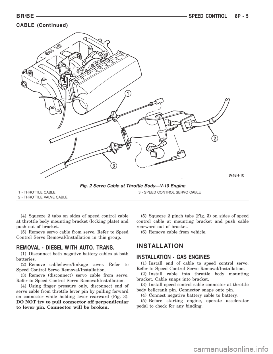 DODGE RAM 2002 Service Repair Manual (4) Squeeze 2 tabs on sides of speed control cable
at throttle body mounting bracket (locking plate) and
push out of bracket.
(5) Remove servo cable from servo. Refer to Speed
Control Servo Removal/In DODGE RAM 2002 Service Repair Manual (4) Squeeze 2 tabs on sides of speed control cable
at throttle body mounting bracket (locking plate) and
push out of bracket.
(5) Remove servo cable from servo. Refer to Speed
Control Servo Removal/In