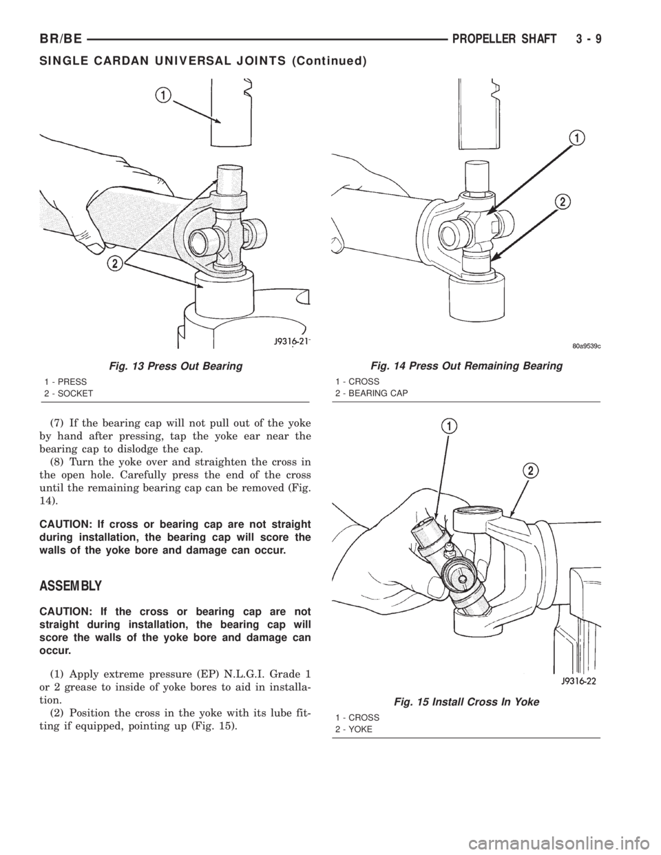 DODGE RAM 2002  Service Repair Manual (7) If the bearing cap will not pull out of the yoke
by hand after pressing, tap the yoke ear near the
bearing cap to dislodge the cap.
(8) Turn the yoke over and straighten the cross in
the open hole