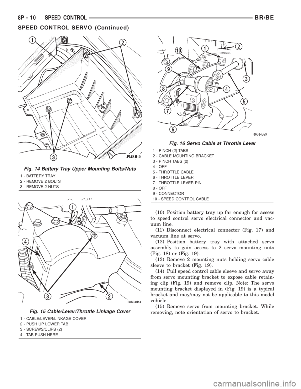 DODGE RAM 2002  Service Repair Manual (10) Position battery tray up far enough for access
to speed control servo electrical connector and vac-
uum line.
(11) Disconnect electrical connector (Fig. 17) and
vacuum line at servo.
(12) Positio
