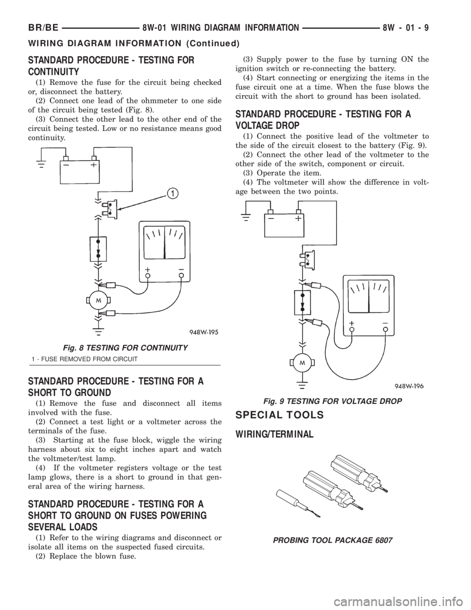 DODGE RAM 2002  Service Repair Manual STANDARD PROCEDURE - TESTING FOR
CONTINUITY
(1) Remove the fuse for the circuit being checked
or, disconnect the battery.
(2) Connect one lead of the ohmmeter to one side
of the circuit being tested (