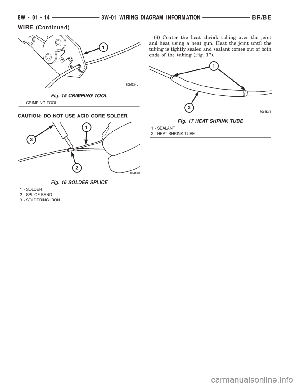 DODGE RAM 2002  Service Repair Manual CAUTION: DO NOT USE ACID CORE SOLDER.(6) Center the heat shrink tubing over the joint
and heat using a heat gun. Heat the joint until the
tubing is tightly sealed and sealant comes out of both
ends of