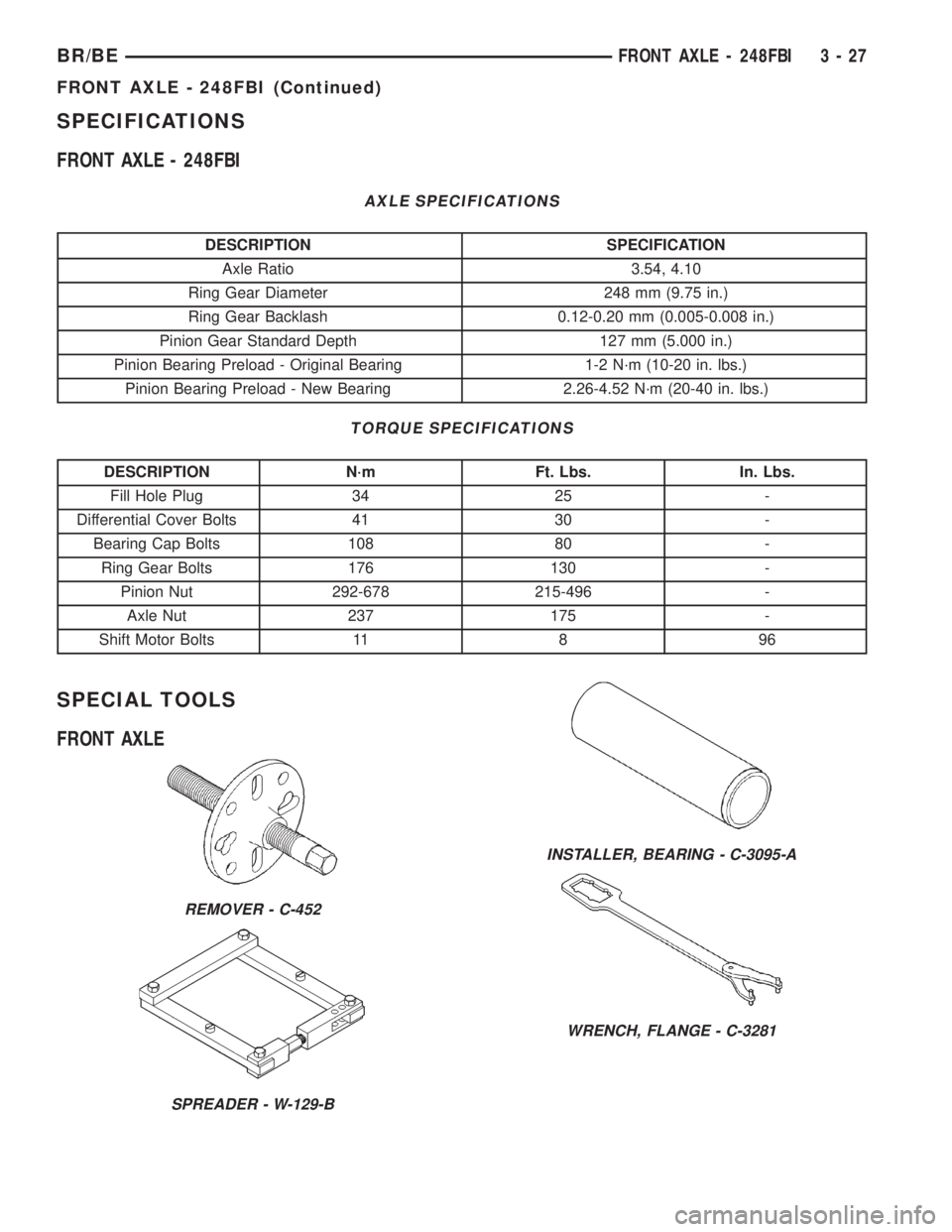 DODGE RAM 2002  Service Repair Manual SPECIFICATIONS
FRONT AXLE - 248FBI
AXLE SPECIFICATIONS
DESCRIPTION SPECIFICATION
Axle Ratio 3.54, 4.10
Ring Gear Diameter 248 mm (9.75 in.)
Ring Gear Backlash 0.12-0.20 mm (0.005-0.008 in.)
Pinion Gea