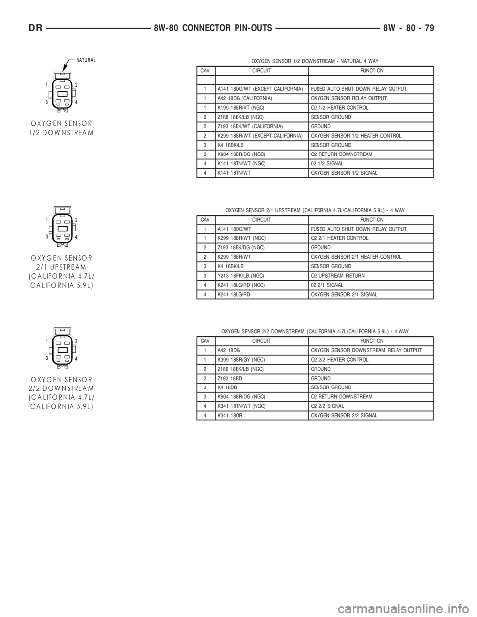 DODGE RAM 2003 Service Repair Manual OXYGEN SENSOR 1/2 DOWNSTREAM - NATURAL 4 WAY
CAV CIRCUIT FUNCTION
1 A141 18DG/WT (EXCEPT CALIFORNIA) FUSED AUTO SHUT DOWN RELAY OUTPUT
1 A42 18DG (CALIFORNIA) OXYGEN SENSOR RELAY OUTPUT
1 K199 18BR/VT DODGE RAM 2003 Service Repair Manual OXYGEN SENSOR 1/2 DOWNSTREAM - NATURAL 4 WAY
CAV CIRCUIT FUNCTION
1 A141 18DG/WT (EXCEPT CALIFORNIA) FUSED AUTO SHUT DOWN RELAY OUTPUT
1 A42 18DG (CALIFORNIA) OXYGEN SENSOR RELAY OUTPUT
1 K199 18BR/VT