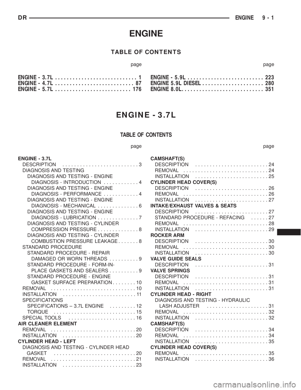 DODGE RAM 2003  Service Repair Manual ENGINE
TABLE OF CONTENTS
page page
ENGINE - 3.7L............................ 1
ENGINE - 4.7L........................... 87
ENGINE - 5.7L.......................... 176ENGINE - 5.9L.....................