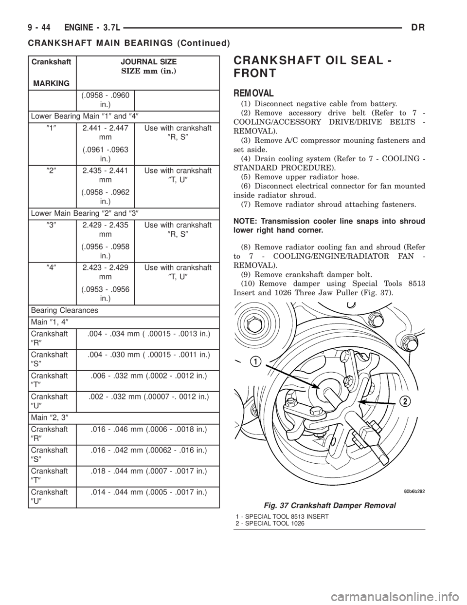 DODGE RAM 2003  Service Repair Manual Crankshaft JOURNAL SIZE
SIZE mm (in.)
MARKING
(.0958 - .0960
in.)
Lower Bearing Main919and949
9192.441 - 2.447
mmUse with crankshaft
9R, S9
(.0961 -.0963
in.)
9292.435 - 2.441
mmUse with crankshaft
9T