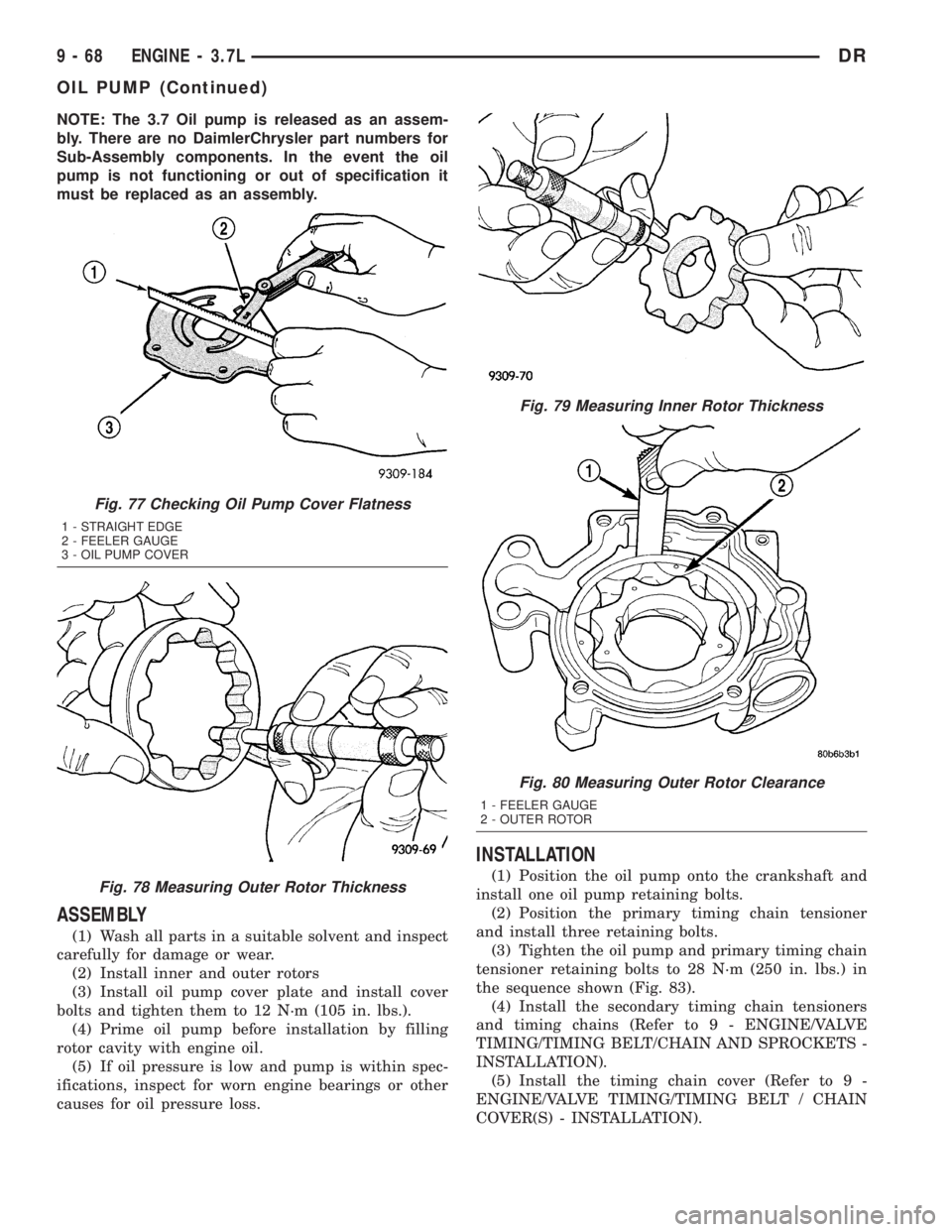 DODGE RAM 2003  Service Repair Manual NOTE: The 3.7 Oil pump is released as an assem-
bly. There are no DaimlerChrysler part numbers for
Sub-Assembly components. In the event the oil
pump is not functioning or out of specification it
must