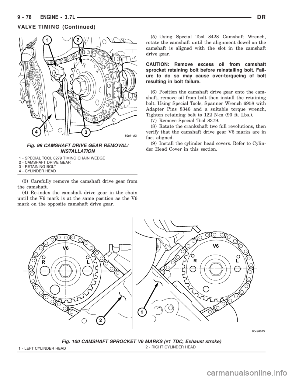 DODGE RAM 2003  Service Repair Manual (3) Carefully remove the camshaft drive gear from
the camshaft.
(4) Re-index the camshaft drive gear in the chain
until the V6 mark is at the same position as the V6
mark on the opposite camshaft driv