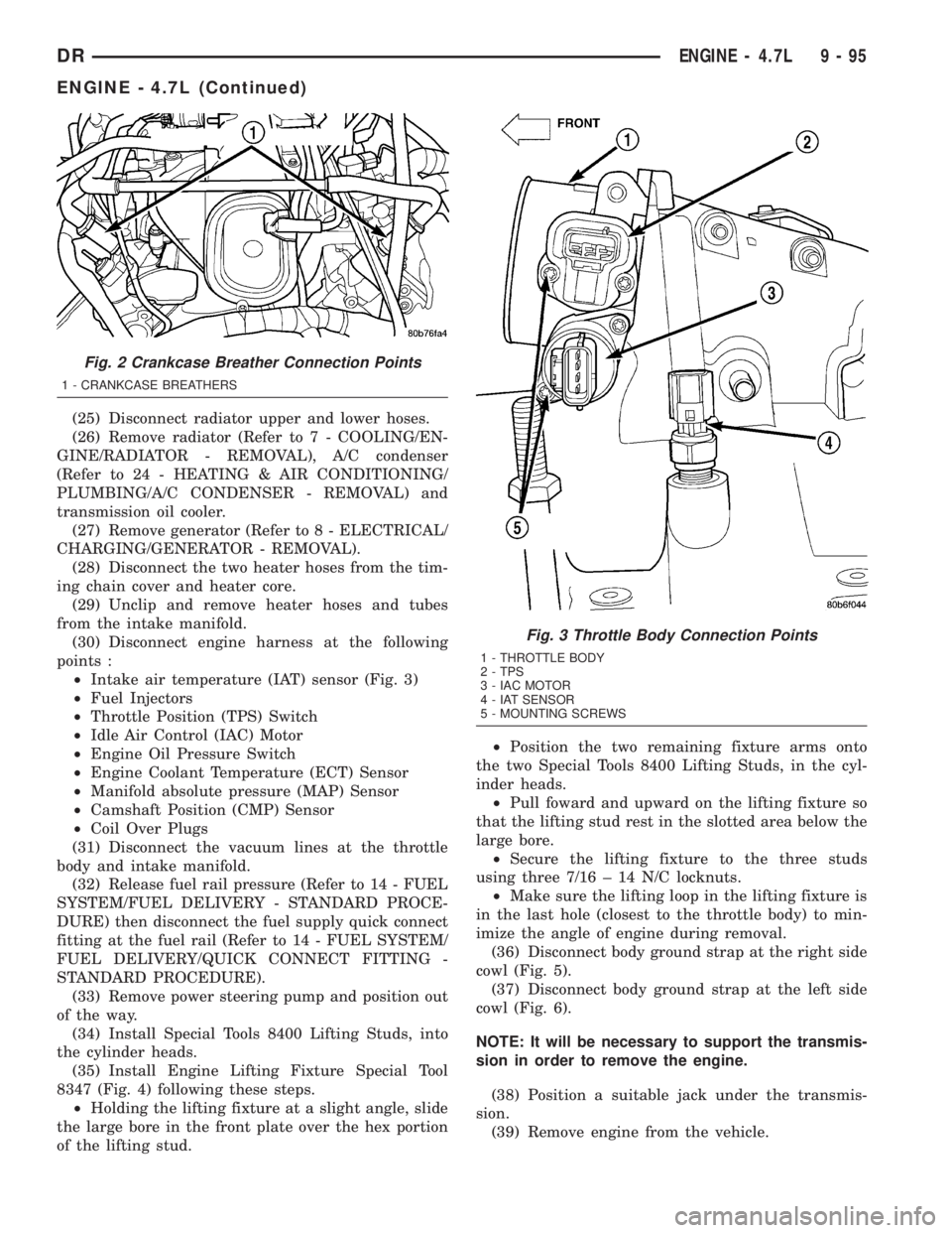 DODGE RAM 2003  Service Repair Manual (25) Disconnect radiator upper and lower hoses.
(26) Remove radiator (Refer to 7 - COOLING/EN-
GINE/RADIATOR - REMOVAL), A/C condenser
(Refer to 24 - HEATING & AIR CONDITIONING/
PLUMBING/A/C CONDENSER