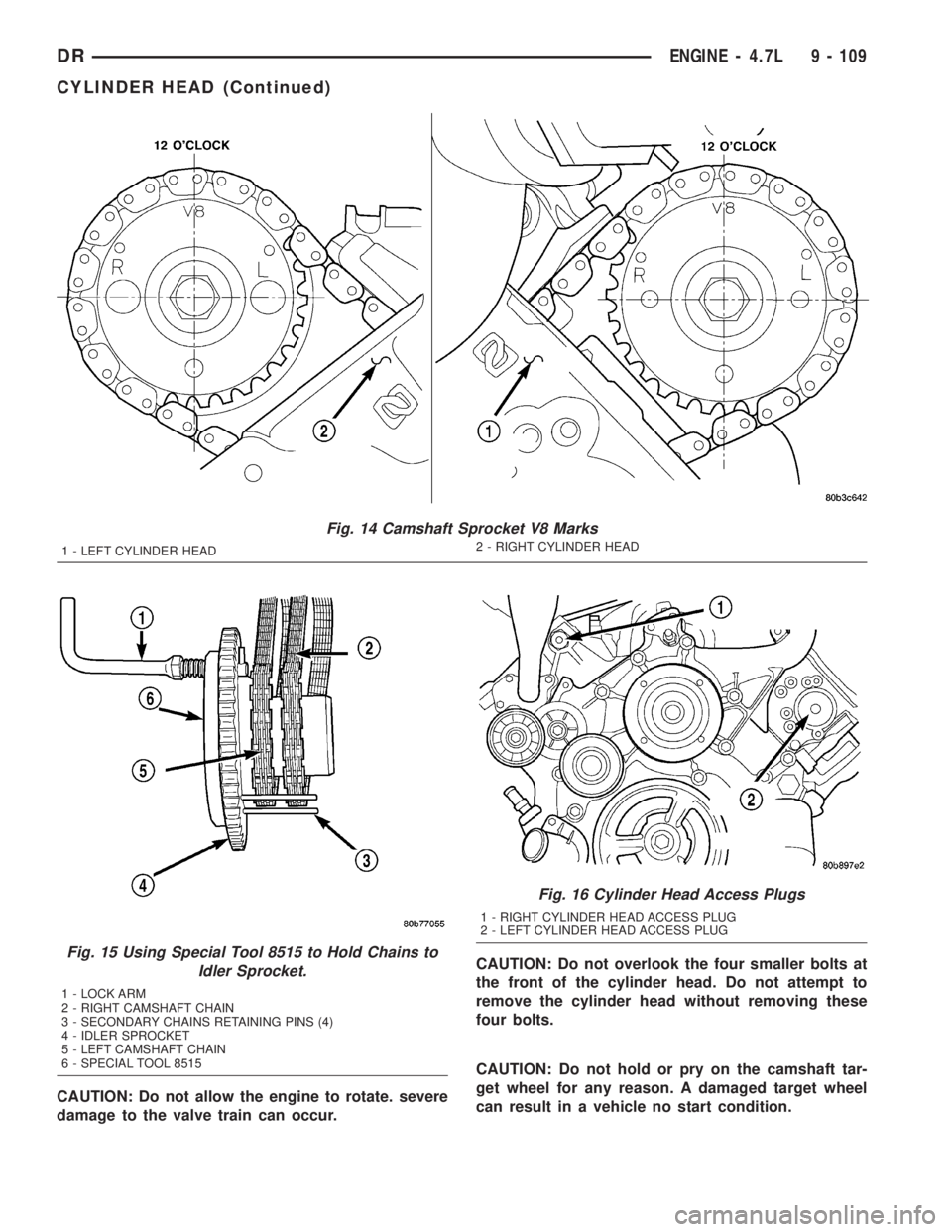 DODGE RAM 2003  Service Repair Manual CAUTION: Do not allow the engine to rotate. severe
damage to the valve train can occur.CAUTION: Do not overlook the four smaller bolts at
the front of the cylinder head. Do not attempt to
remove the c