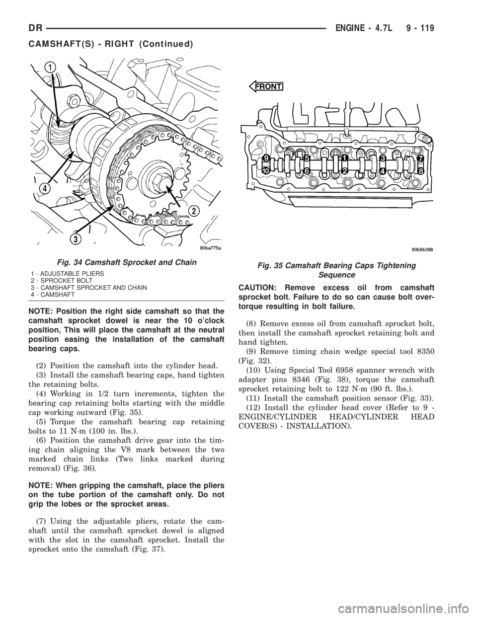 DODGE RAM 2003  Service Repair Manual NOTE: Position the right side camshaft so that the
camshaft sprocket dowel is near the 10 oclock
position, This will place the camshaft at the neutral
position easing the installation of the camshaft