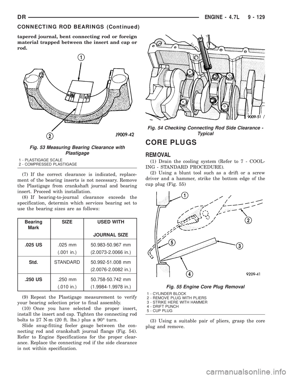 DODGE RAM 2003  Service Repair Manual tapered journal, bent connecting rod or foreign
material trapped between the insert and cap or
rod.
(7) If the correct clearance is indicated, replace-
ment of the bearing inserts is not necessary. Re