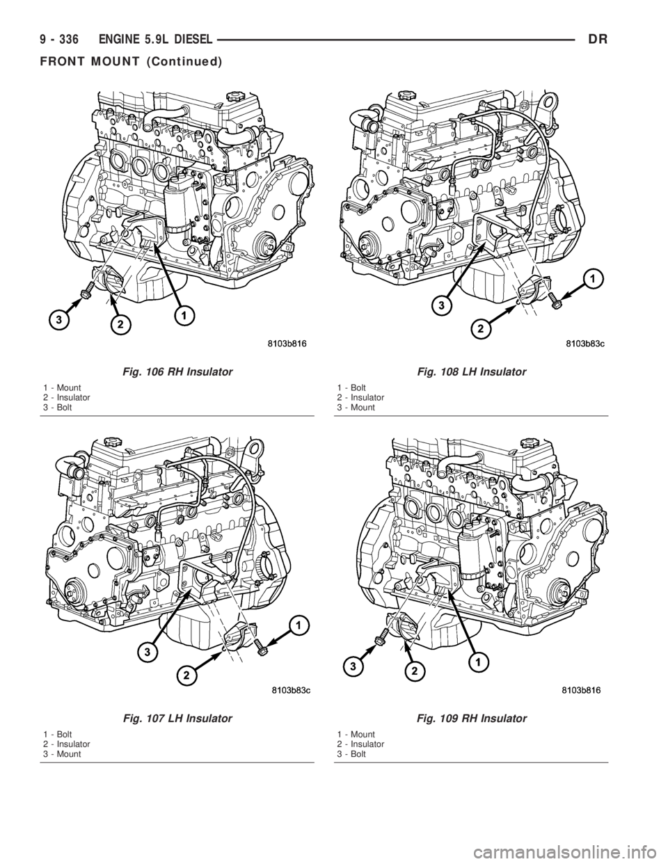 DODGE RAM 2003  Service Repair Manual Fig. 106 RH Insulator
1 - Mount
2 - Insulator
3 - Bolt
Fig. 107 LH Insulator
1 - Bolt
2 - Insulator
3 - Mount
Fig. 108 LH Insulator
1 - Bolt
2 - Insulator
3 - Mount
Fig. 109 RH Insulator
1 - Mount
2 -