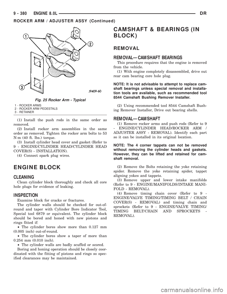DODGE RAM 2003  Service Repair Manual (1) Install the push rods in the same order as
removed.
(2) Install rocker arm assemblies in the same
order as removed. Tighten the rocker arm bolts to 53
N´m (40 ft. lbs.) torque.
(3) Install cylind