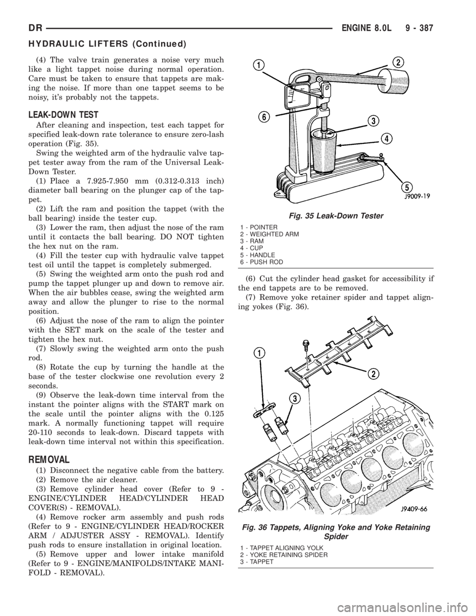 DODGE RAM 2003  Service Repair Manual (4) The valve train generates a noise very much
like a light tappet noise during normal operation.
Care must be taken to ensure that tappets are mak-
ing the noise. If more than one tappet seems to be