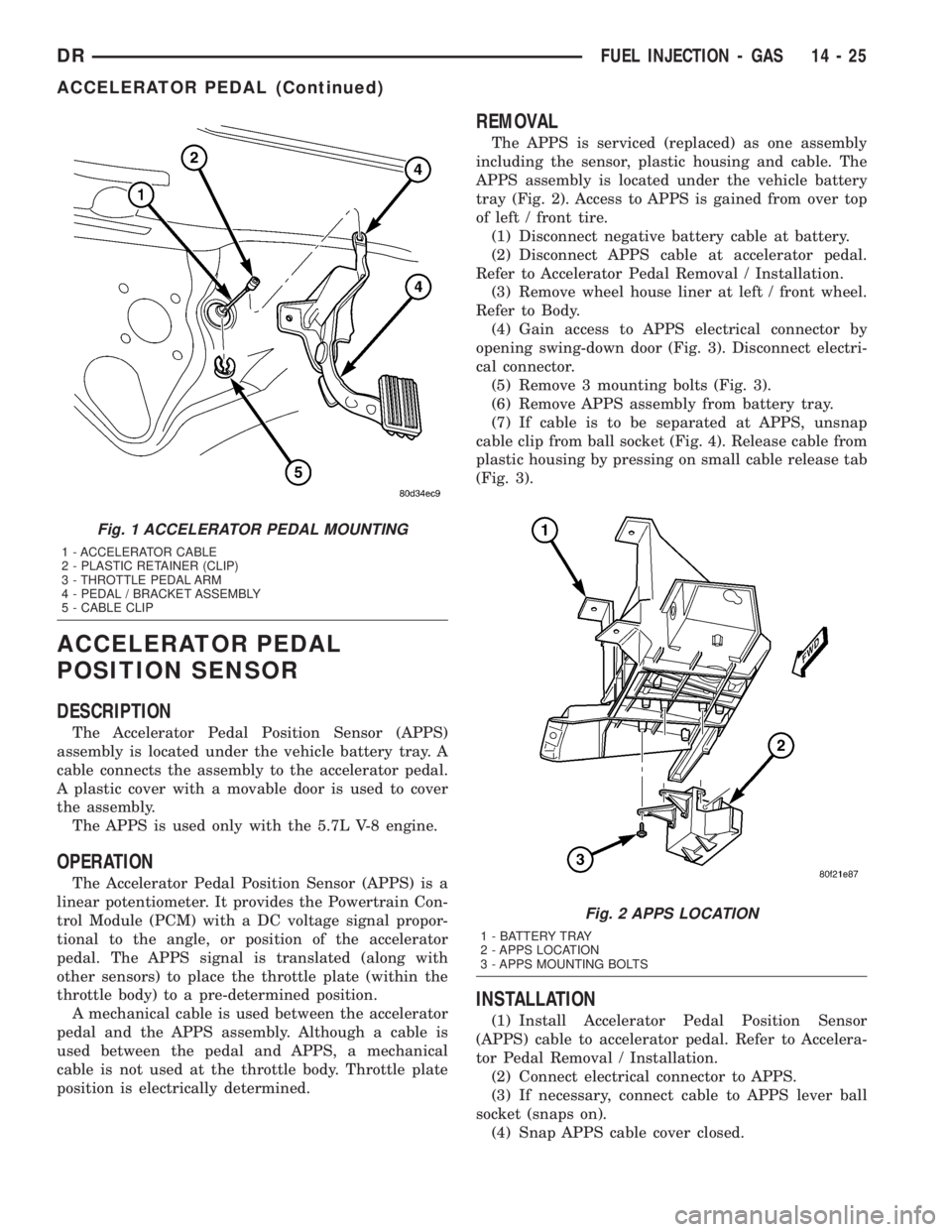 DODGE RAM 2003  Service Repair Manual ACCELERATOR PEDAL
POSITION SENSOR
DESCRIPTION
The Accelerator Pedal Position Sensor (APPS)
assembly is located under the vehicle battery tray. A
cable connects the assembly to the accelerator pedal.
A