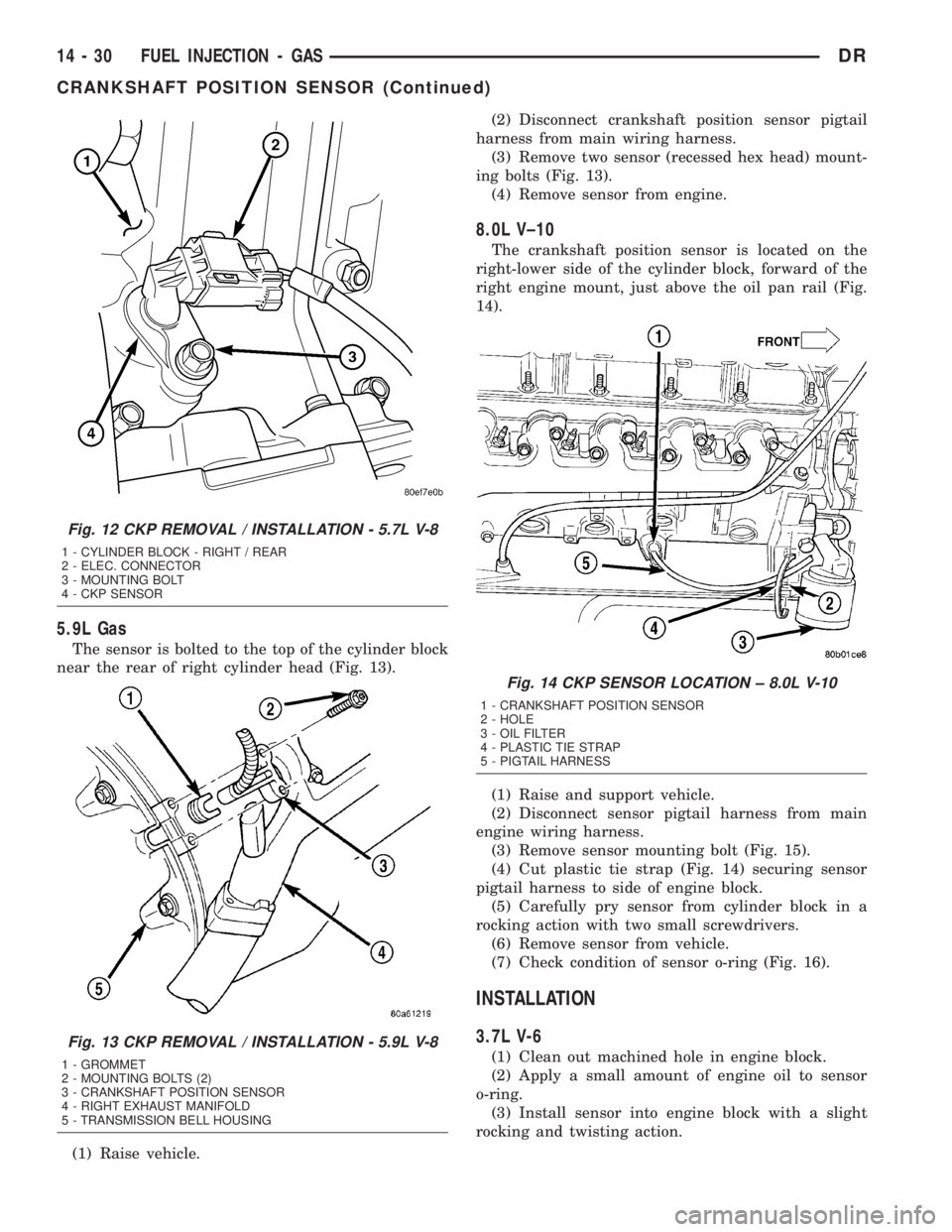 DODGE RAM 2003  Service Repair Manual 5.9L Gas
The sensor is bolted to the top of the cylinder block
near the rear of right cylinder head (Fig. 13).
(1) Raise vehicle.(2) Disconnect crankshaft position sensor pigtail
harness from main wir