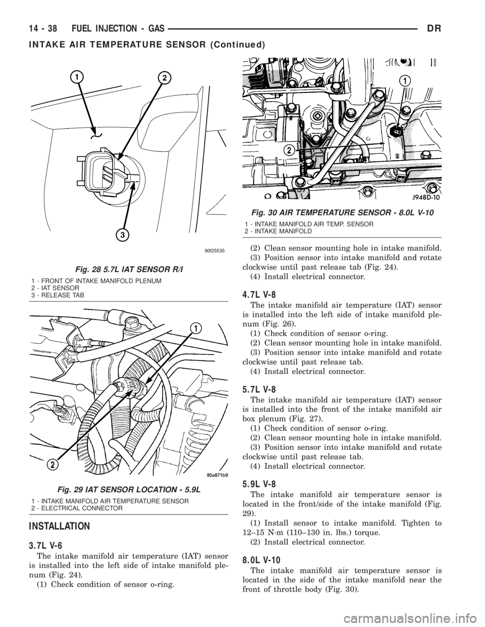DODGE RAM 2003  Service Repair Manual INSTALLATION
3.7L V-6
The intake manifold air temperature (IAT) sensor
is installed into the left side of intake manifold ple-
num (Fig. 24).
(1) Check condition of sensor o-ring.(2) Clean sensor moun
