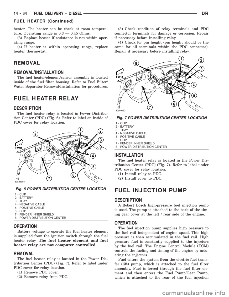 DODGE RAM 2003  Service Repair Manual heater. The heater can be check at room tempera-
ture. Operating range is 0.3 Ð 0.45 Ohms.
(3) Replace heater if resistance is not within oper-
ating range.
(4) If heater is within operating range, r