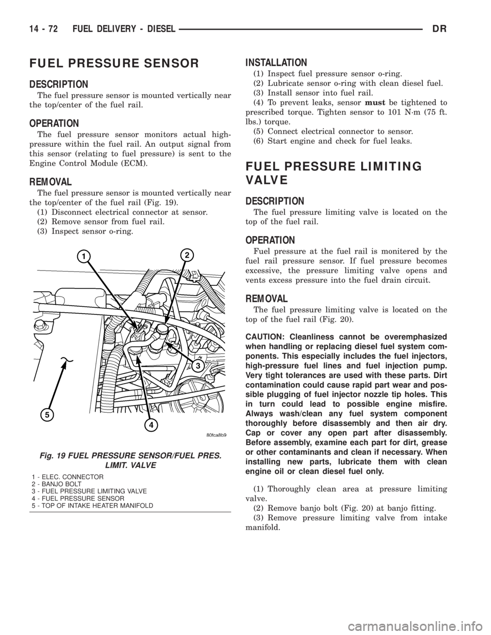 DODGE RAM 2003  Service Repair Manual FUEL PRESSURE SENSOR
DESCRIPTION
The fuel pressure sensor is mounted vertically near
the top/center of the fuel rail.
OPERATION
The fuel pressure sensor monitors actual high-
pressure within the fuel 