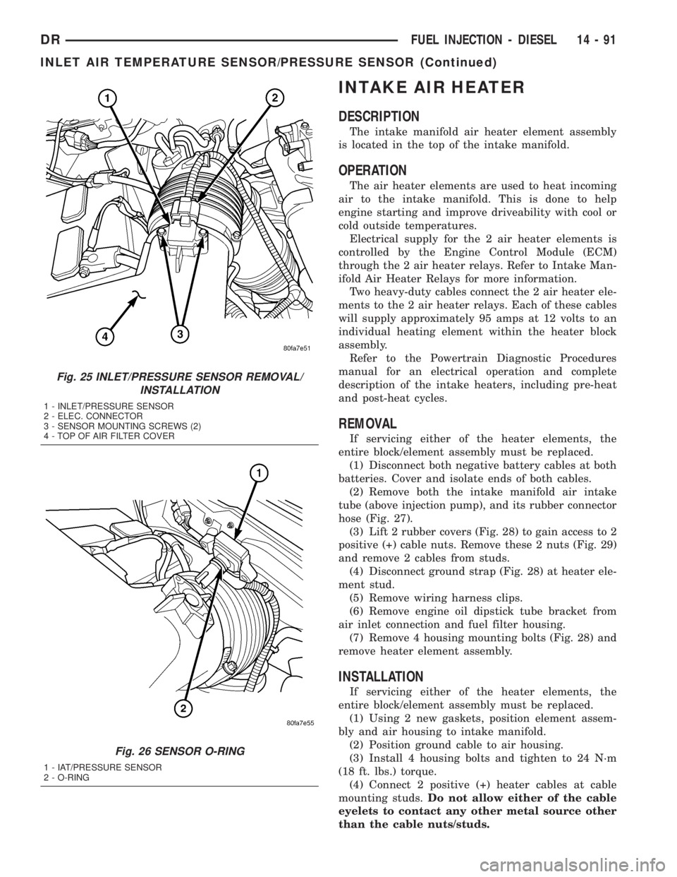DODGE RAM 2003  Service Repair Manual INTAKE AIR HEATER
DESCRIPTION
The intake manifold air heater element assembly
is located in the top of the intake manifold.
OPERATION
The air heater elements are used to heat incoming
air to the intak