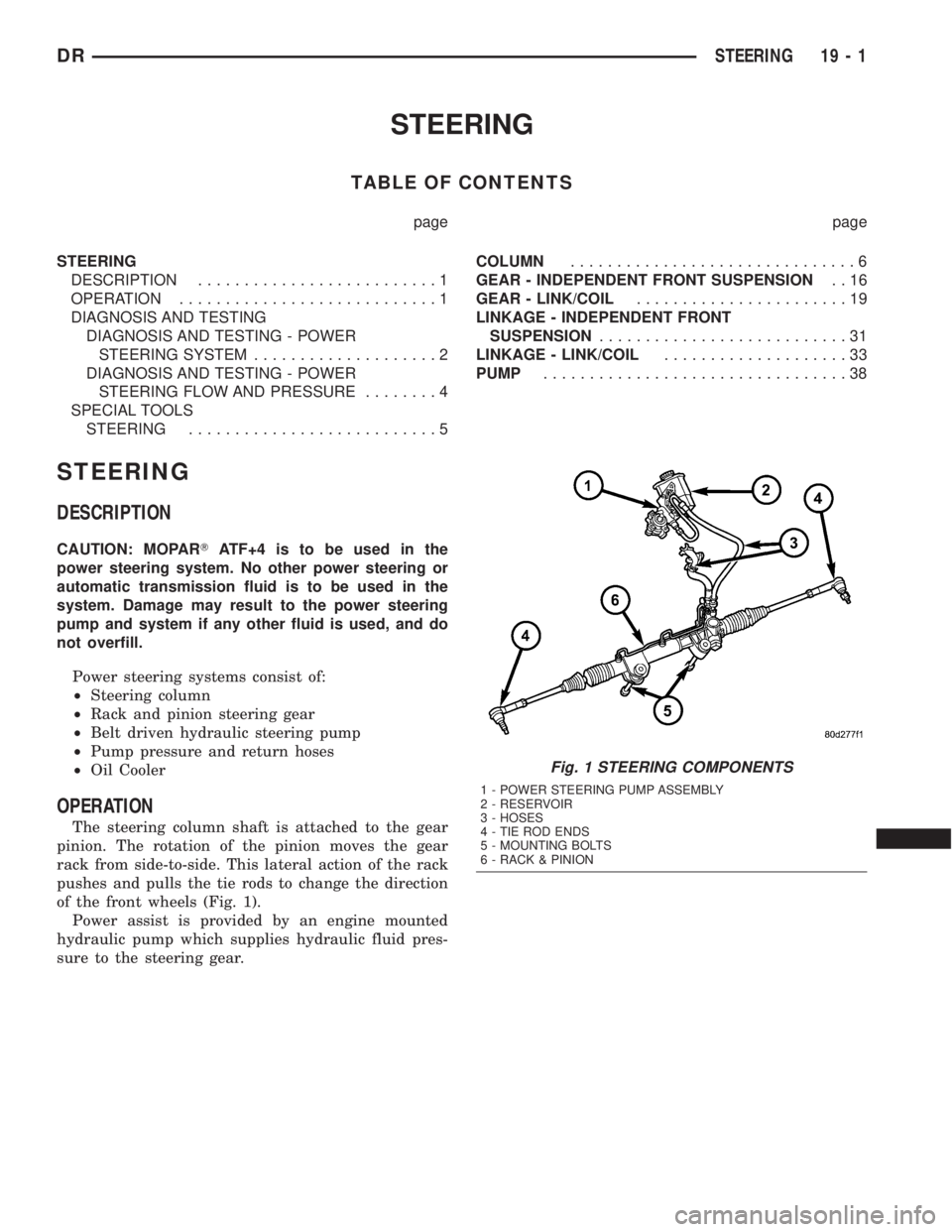 DODGE RAM 2003  Service Repair Manual STEERING
TABLE OF CONTENTS
page page
STEERING
DESCRIPTION..........................1
OPERATION............................1
DIAGNOSIS AND TESTING
DIAGNOSIS AND TESTING - POWER
STEERING SYSTEM.........