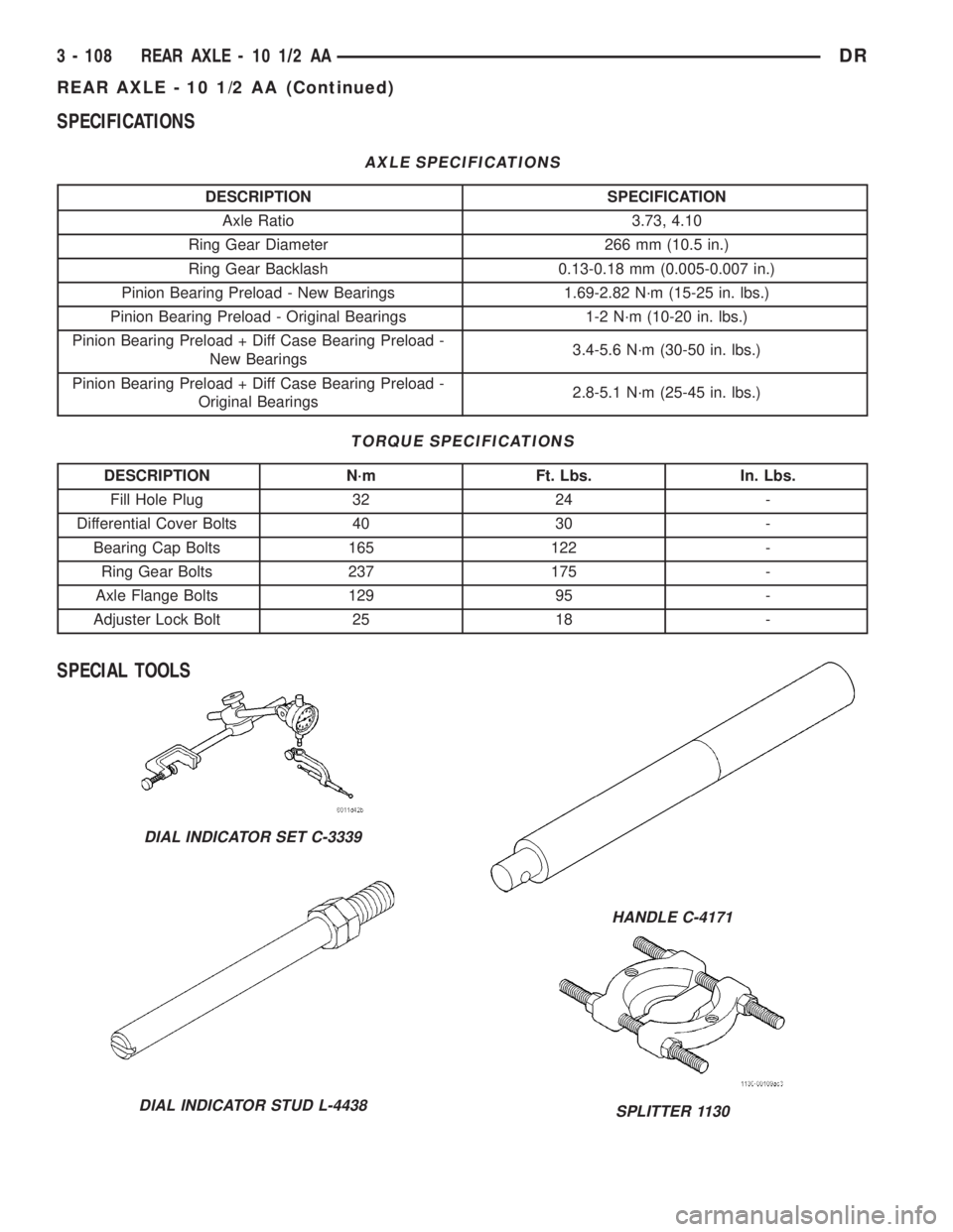 DODGE RAM 2003  Service Repair Manual SPECIFICATIONS
AXLE SPECIFICATIONS
DESCRIPTION SPECIFICATION
Axle Ratio 3.73, 4.10
Ring Gear Diameter 266 mm (10.5 in.)
Ring Gear Backlash 0.13-0.18 mm (0.005-0.007 in.)
Pinion Bearing Preload - New B