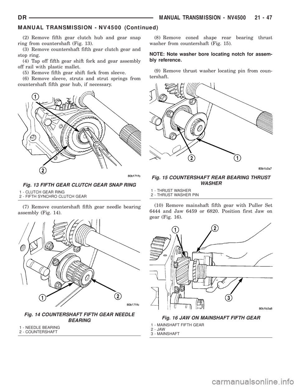 DODGE RAM 2003 Service Repair Manual (2) Remove fifth gear clutch hub and gear snap
ring from countershaft (Fig. 13).
(3) Remove countershaft fifth gear clutch gear and
stop ring.
(4) Tap off fifth gear shift fork and gear assembly
off r DODGE RAM 2003 Service Repair Manual (2) Remove fifth gear clutch hub and gear snap
ring from countershaft (Fig. 13).
(3) Remove countershaft fifth gear clutch gear and
stop ring.
(4) Tap off fifth gear shift fork and gear assembly
off r