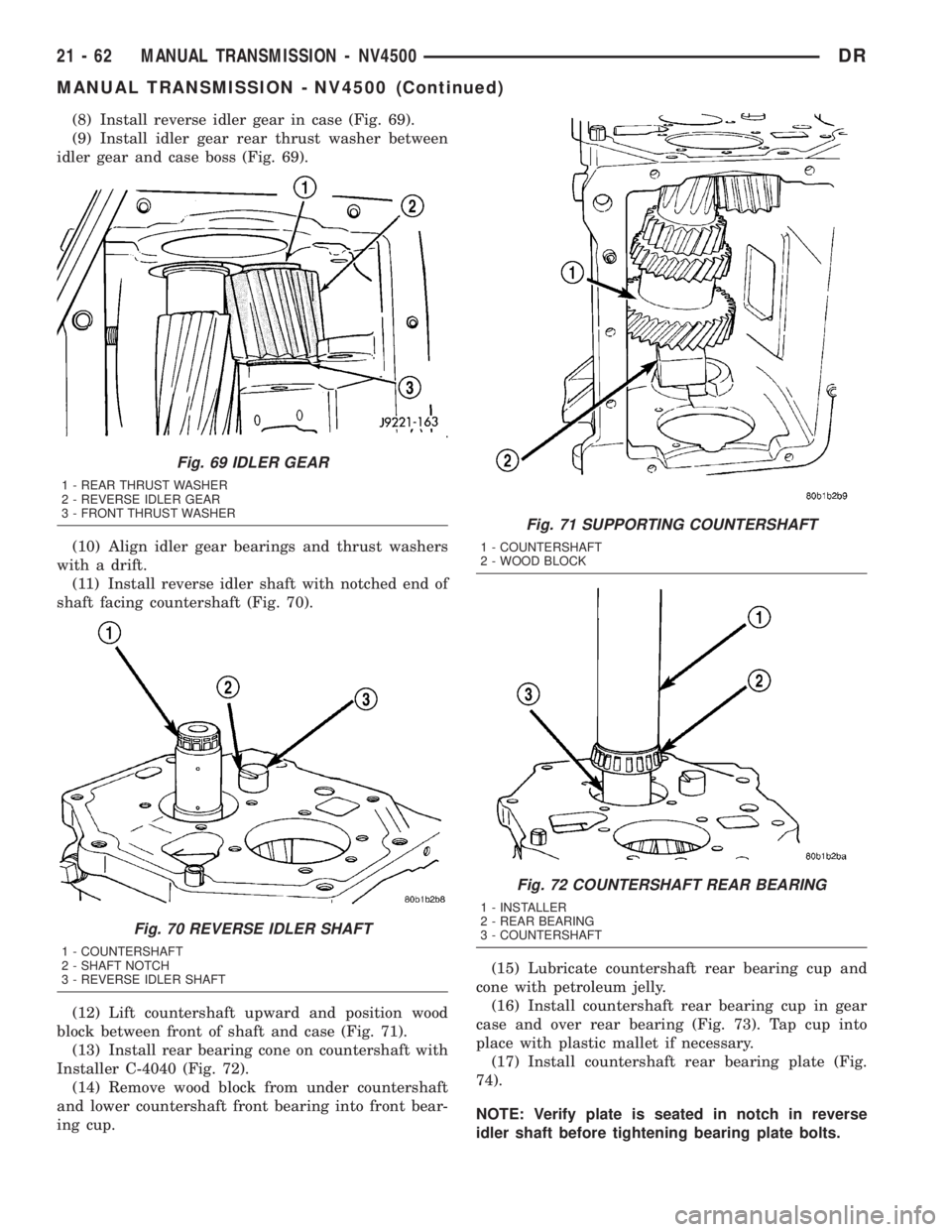 DODGE RAM 2003 Service Repair Manual (8) Install reverse idler gear in case (Fig. 69).
(9) Install idler gear rear thrust washer between
idler gear and case boss (Fig. 69).
(10) Align idler gear bearings and thrust washers
with a drift.
DODGE RAM 2003 Service Repair Manual (8) Install reverse idler gear in case (Fig. 69).
(9) Install idler gear rear thrust washer between
idler gear and case boss (Fig. 69).
(10) Align idler gear bearings and thrust washers
with a drift.