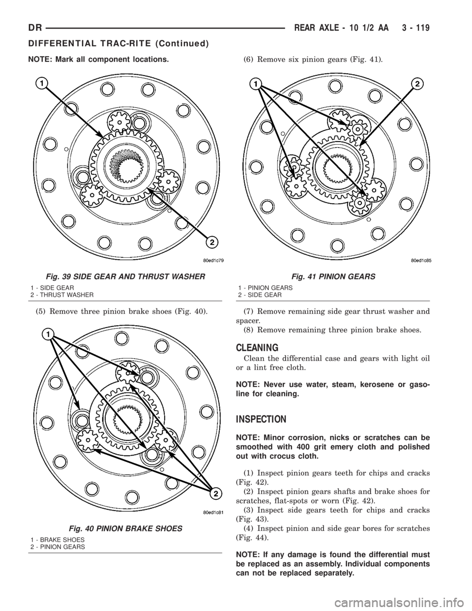 DODGE RAM 2003  Service Repair Manual NOTE: Mark all component locations.
(5) Remove three pinion brake shoes (Fig. 40).(6) Remove six pinion gears (Fig. 41).
(7) Remove remaining side gear thrust washer and
spacer.
(8) Remove remaining t