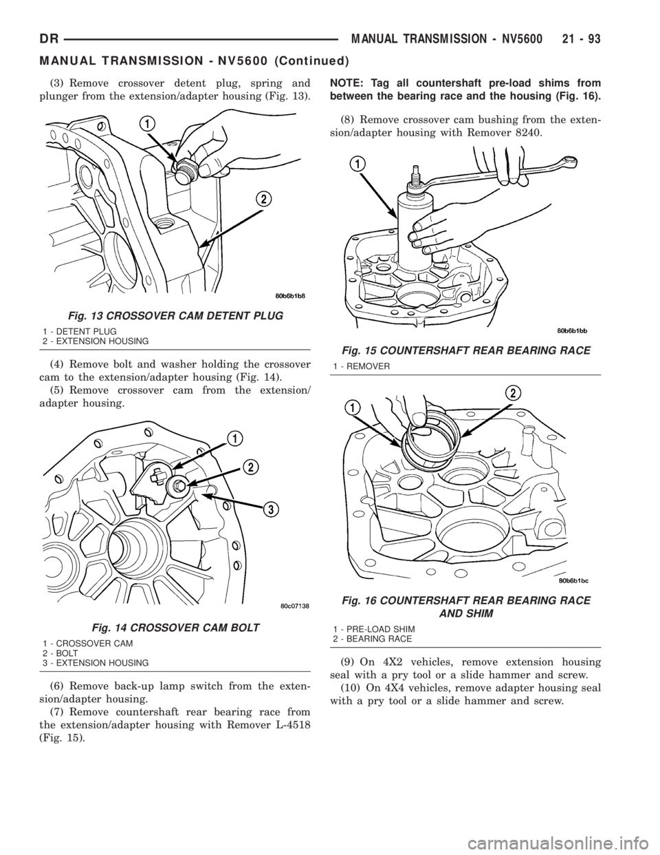 DODGE RAM 2003 Service Repair Manual (3) Remove crossover detent plug, spring and
plunger from the extension/adapter housing (Fig. 13).
(4) Remove bolt and washer holding the crossover
cam to the extension/adapter housing (Fig. 14).
(5) DODGE RAM 2003 Service Repair Manual (3) Remove crossover detent plug, spring and
plunger from the extension/adapter housing (Fig. 13).
(4) Remove bolt and washer holding the crossover
cam to the extension/adapter housing (Fig. 14).
(5)