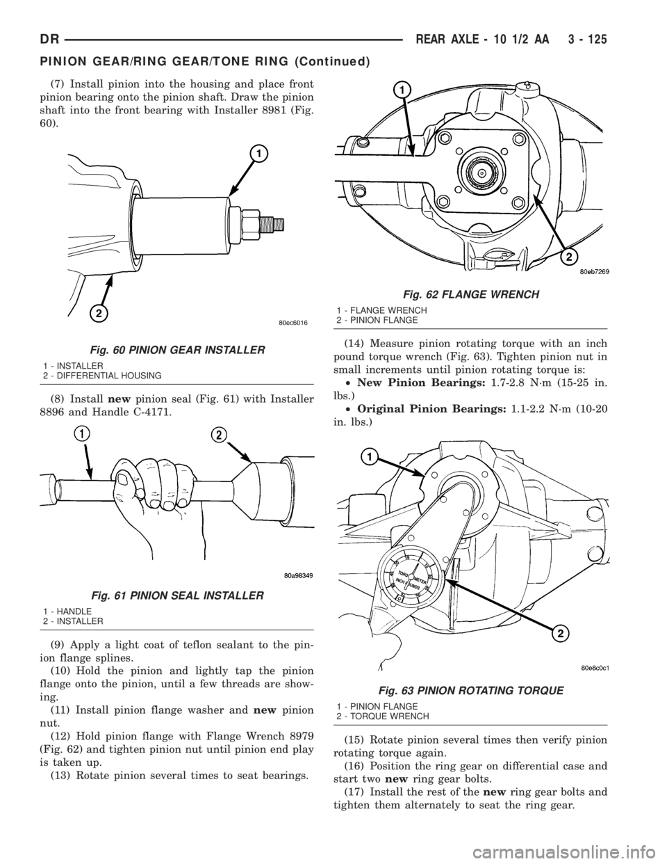 DODGE RAM 2003  Service Repair Manual (7) Install pinion into the housing and place front
pinion bearing onto the pinion shaft. Draw the pinion
shaft into the front bearing with Installer 8981 (Fig.
60).
(8) Installnewpinion seal (Fig. 61