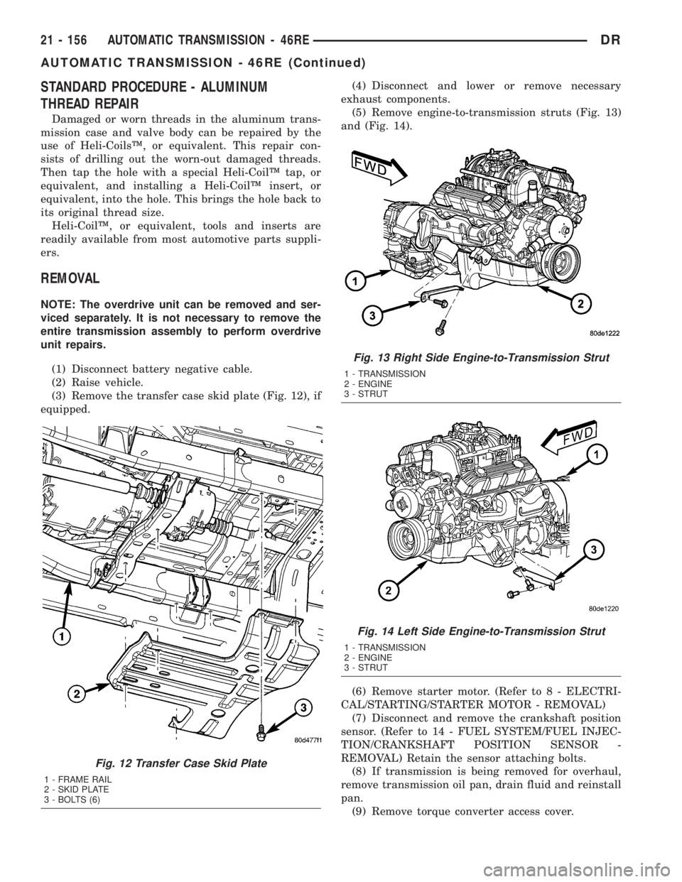 DODGE RAM 2003  Service Repair Manual STANDARD PROCEDURE - ALUMINUM
THREAD REPAIR
Damaged or worn threads in the aluminum trans-
mission case and valve body can be repaired by the
use of Heli-CoilsŸ, or equivalent. This repair con-
sists