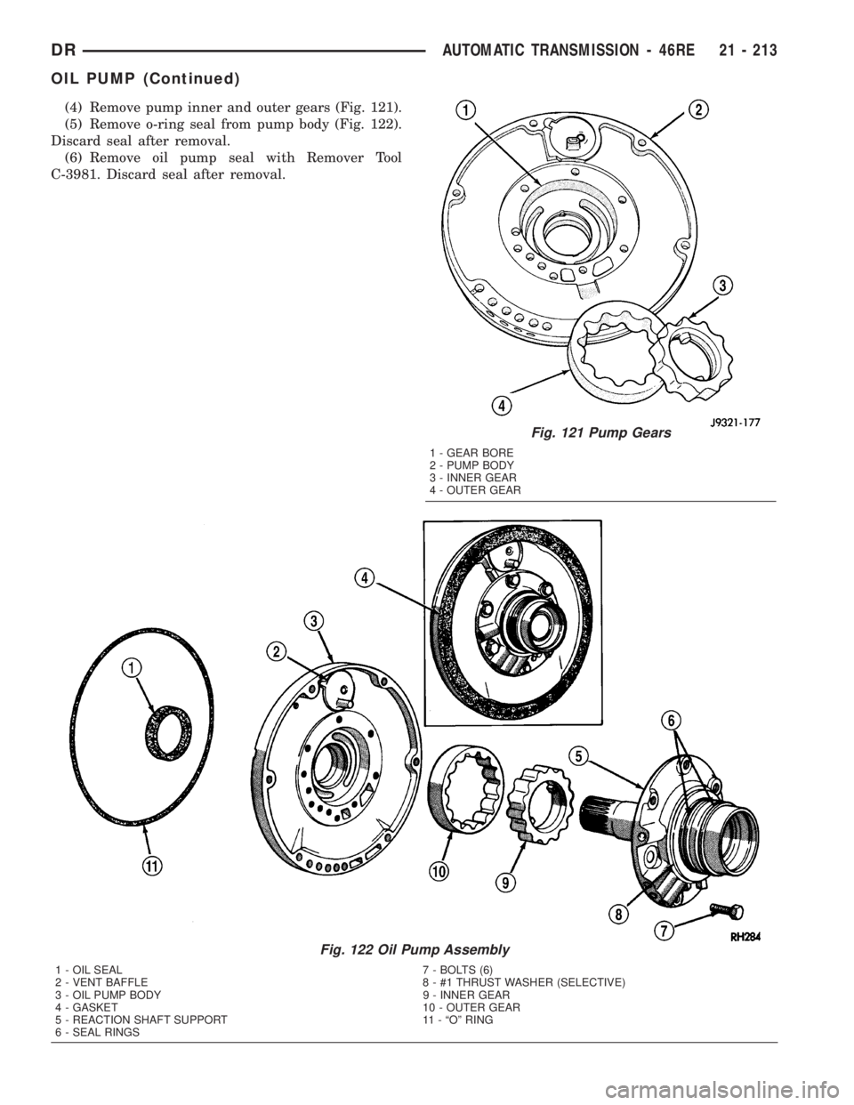 DODGE RAM 2003  Service Repair Manual (4) Remove pump inner and outer gears (Fig. 121).
(5) Remove o-ring seal from pump body (Fig. 122).
Discard seal after removal.
(6) Remove oil pump seal with Remover Tool
C-3981. Discard seal after re