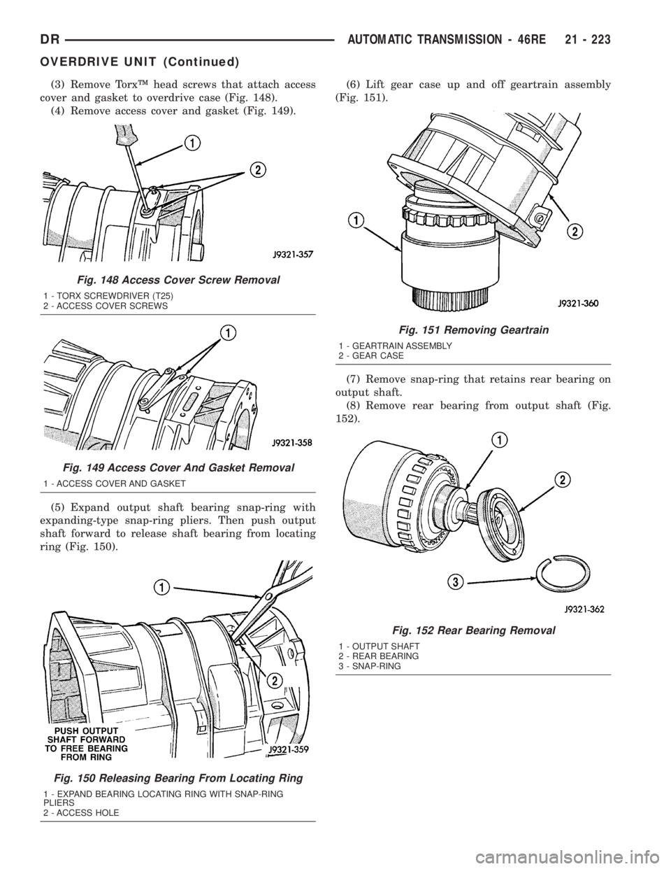 DODGE RAM 2003  Service Repair Manual (3) Remove TorxŸ head screws that attach access
cover and gasket to overdrive case (Fig. 148).
(4) Remove access cover and gasket (Fig. 149).
(5) Expand output shaft bearing snap-ring with
expanding-