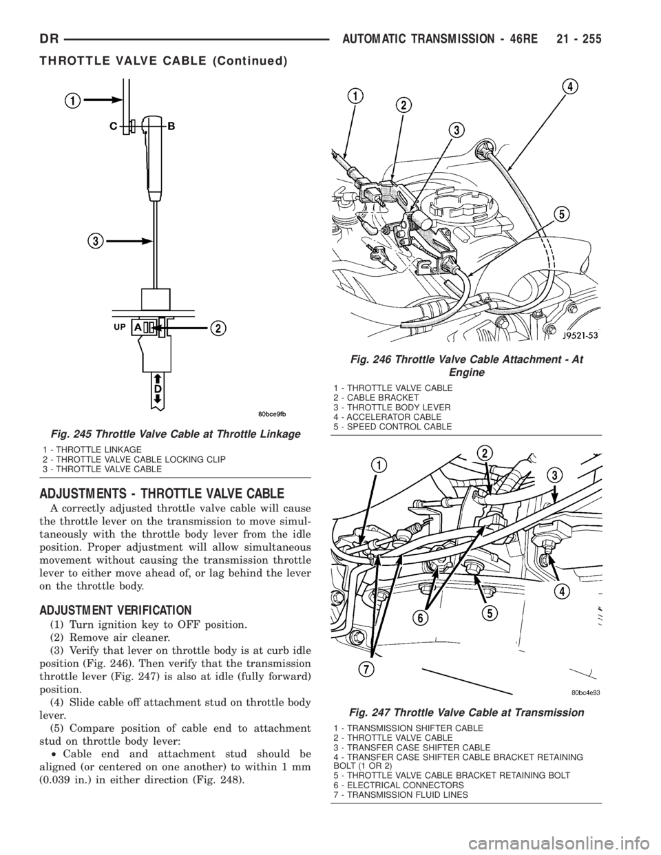 DODGE RAM 2003  Service Repair Manual ADJUSTMENTS - THROTTLE VALVE CABLE
A correctly adjusted throttle valve cable will cause
the throttle lever on the transmission to move simul-
taneously with the throttle body lever from the idle
posit