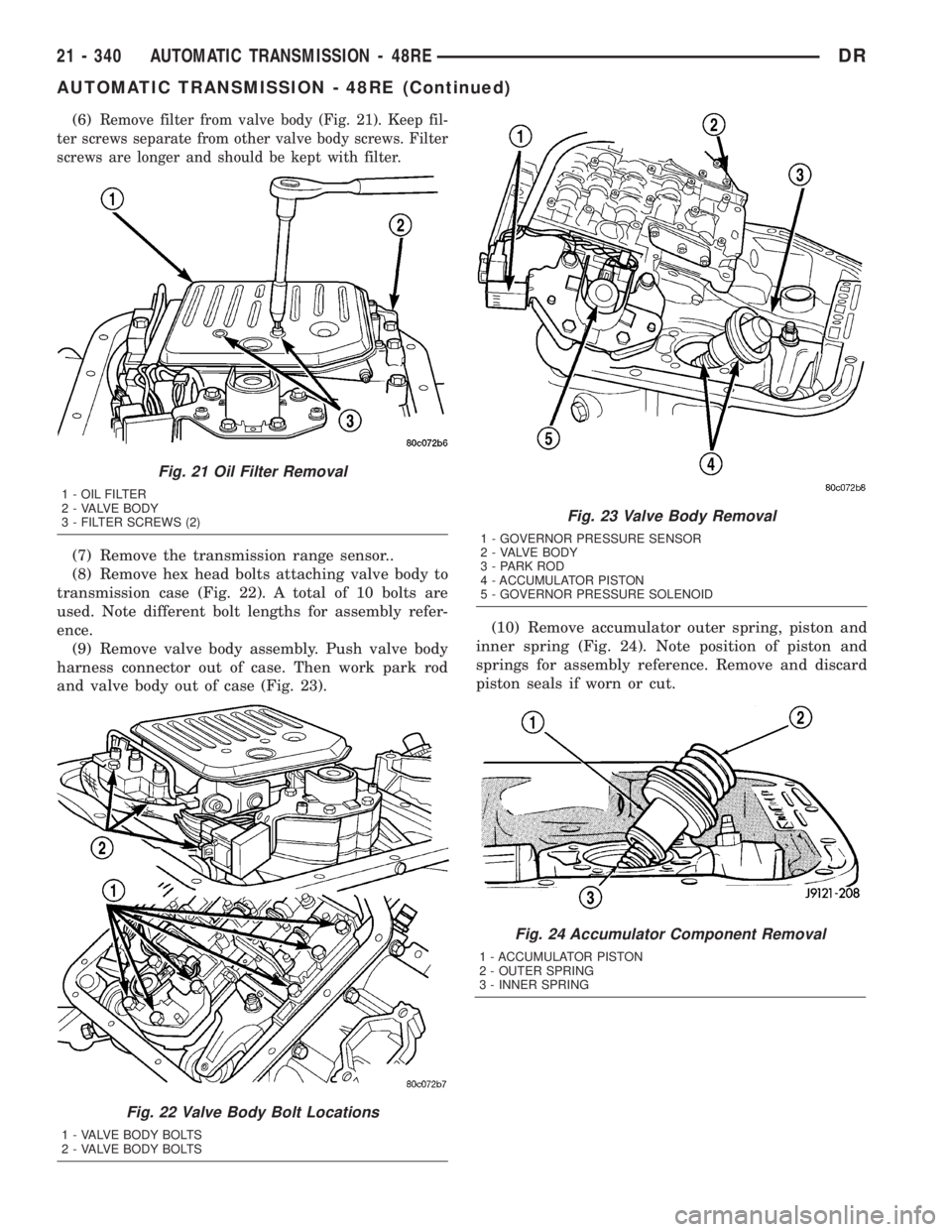 DODGE RAM 2003  Service Repair Manual (6)Remove filter from valve body (Fig. 21). Keep fil-
ter screws separate from other valve body screws. Filter
screws are longer and should be kept with filter.
(7) Remove the transmission range senso