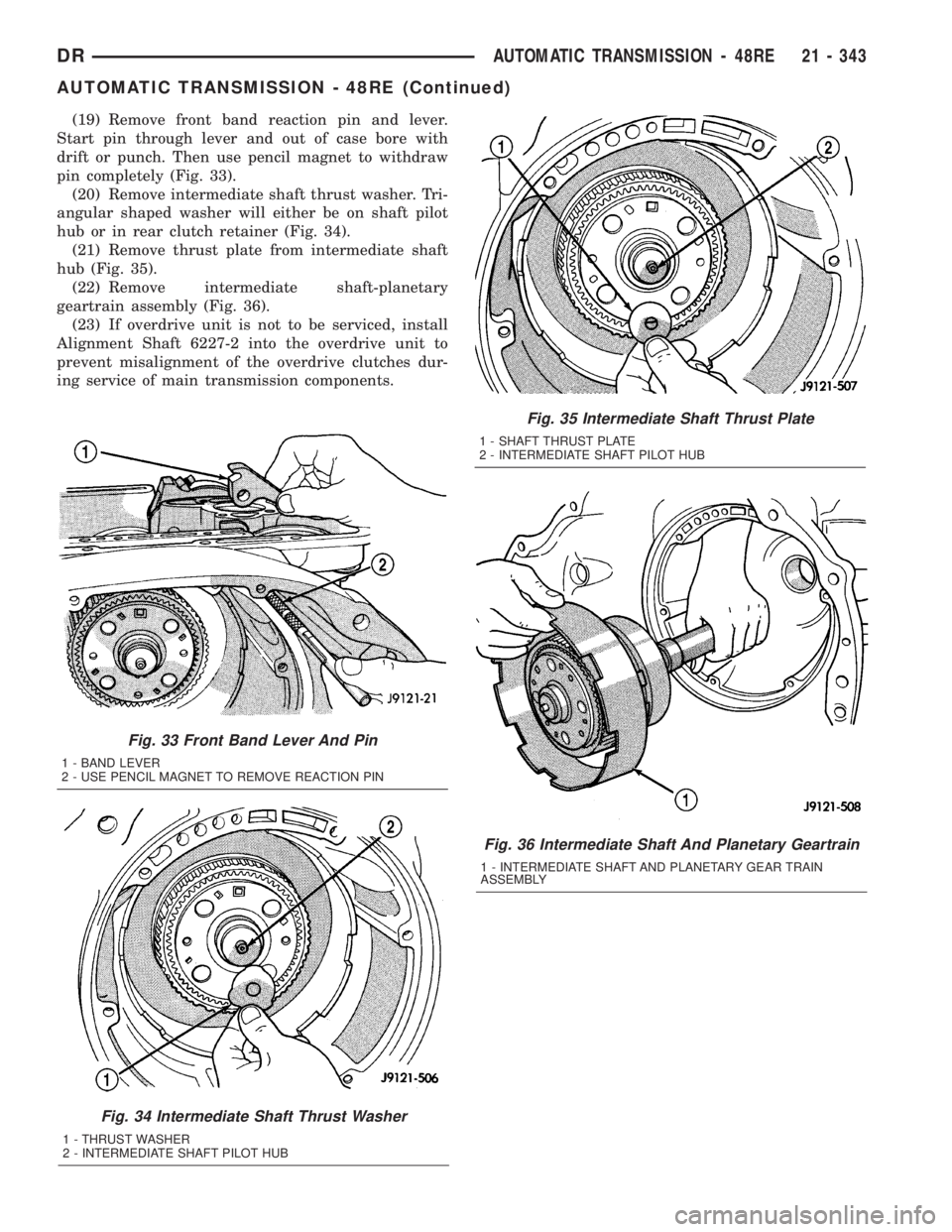 DODGE RAM 2003  Service Repair Manual (19) Remove front band reaction pin and lever.
Start pin through lever and out of case bore with
drift or punch. Then use pencil magnet to withdraw
pin completely (Fig. 33).
(20) Remove intermediate s