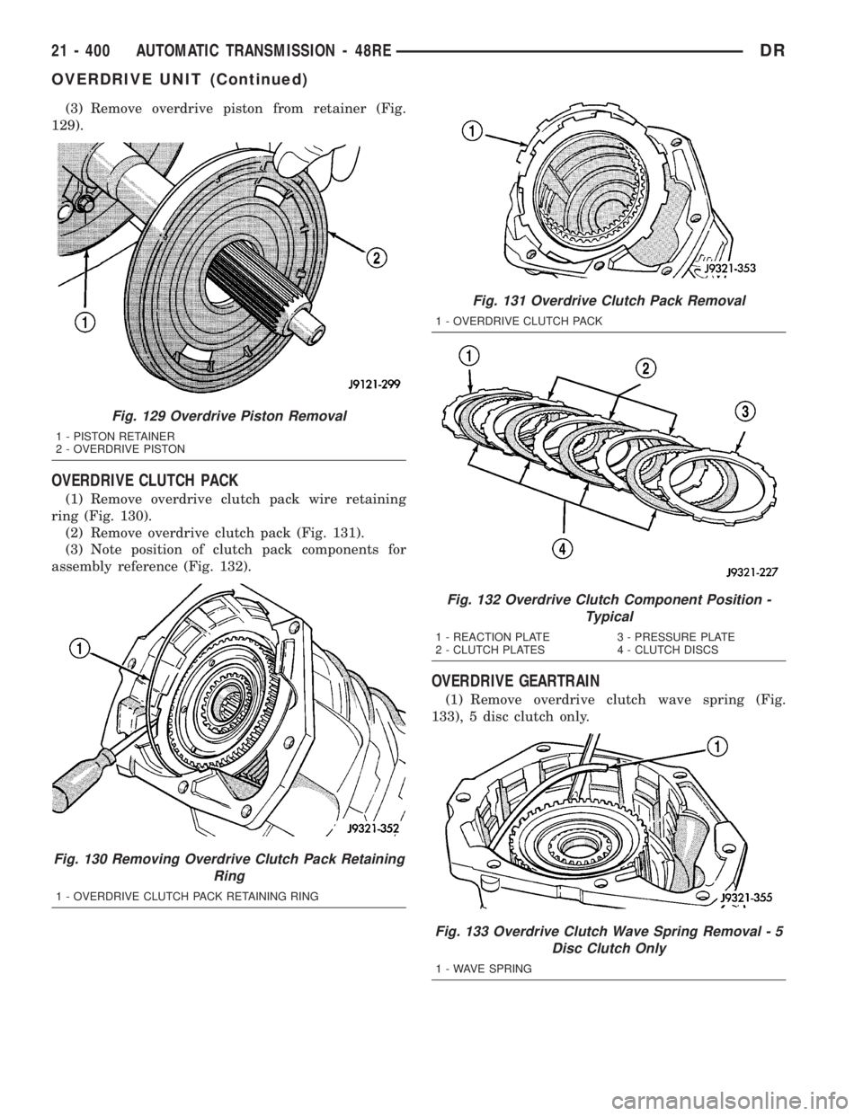 DODGE RAM 2003  Service Repair Manual (3) Remove overdrive piston from retainer (Fig.
129).
OVERDRIVE CLUTCH PACK
(1) Remove overdrive clutch pack wire retaining
ring (Fig. 130).
(2) Remove overdrive clutch pack (Fig. 131).
(3) Note posit