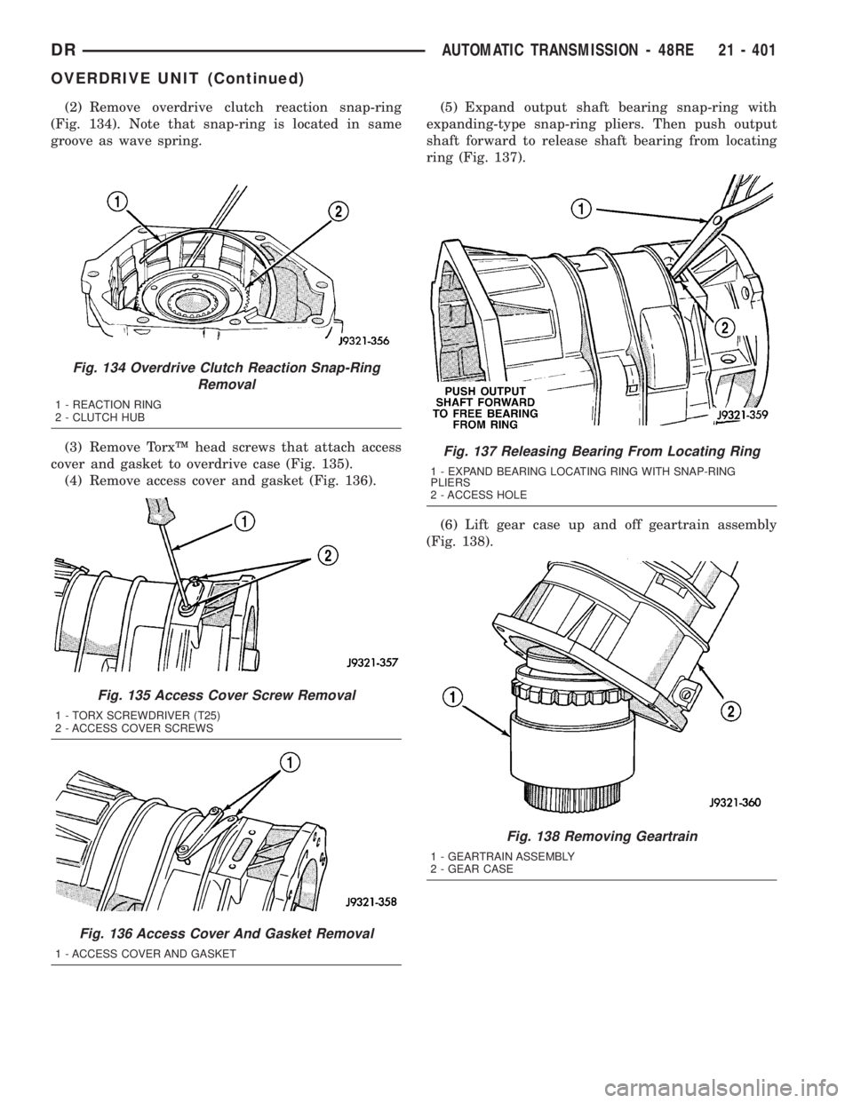 DODGE RAM 2003  Service Repair Manual (2) Remove overdrive clutch reaction snap-ring
(Fig. 134). Note that snap-ring is located in same
groove as wave spring.
(3) Remove TorxŸ head screws that attach access
cover and gasket to overdrive 