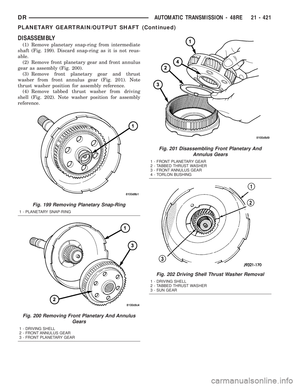 DODGE RAM 2003  Service Repair Manual DISASSEMBLY
(1) Remove planetary snap-ring from intermediate
shaft (Fig. 199). Discard snap-ring as it is not reus-
able.
(2) Remove front planetary gear and front annulus
gear as assembly (Fig. 200).