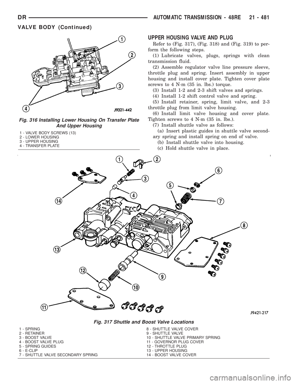 DODGE RAM 2003  Service Repair Manual UPPER HOUSING VALVE AND PLUG
Refer to (Fig. 317), (Fig. 318) and (Fig. 319) to per-
form the following steps.
(1) Lubricate valves, plugs, springs with clean
transmission fluid.
(2) Assemble regulator