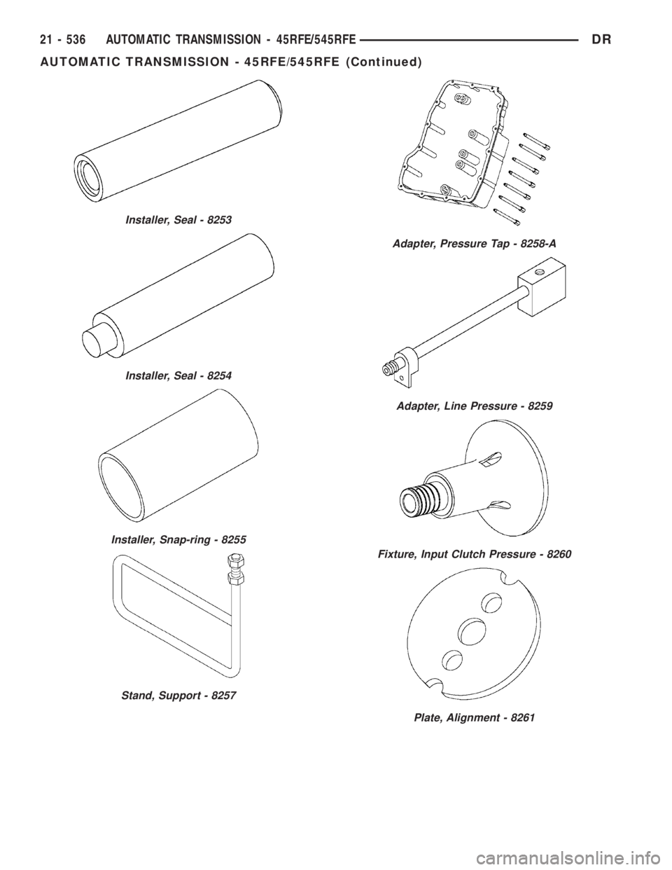 DODGE RAM 2003  Service Repair Manual Installer, Seal - 8253
Installer, Seal - 8254
Installer, Snap-ring - 8255
Stand, Support - 8257
Adapter, Pressure Tap - 8258-A
Adapter, Line Pressure - 8259
Fixture, Input Clutch Pressure - 8260
Plate