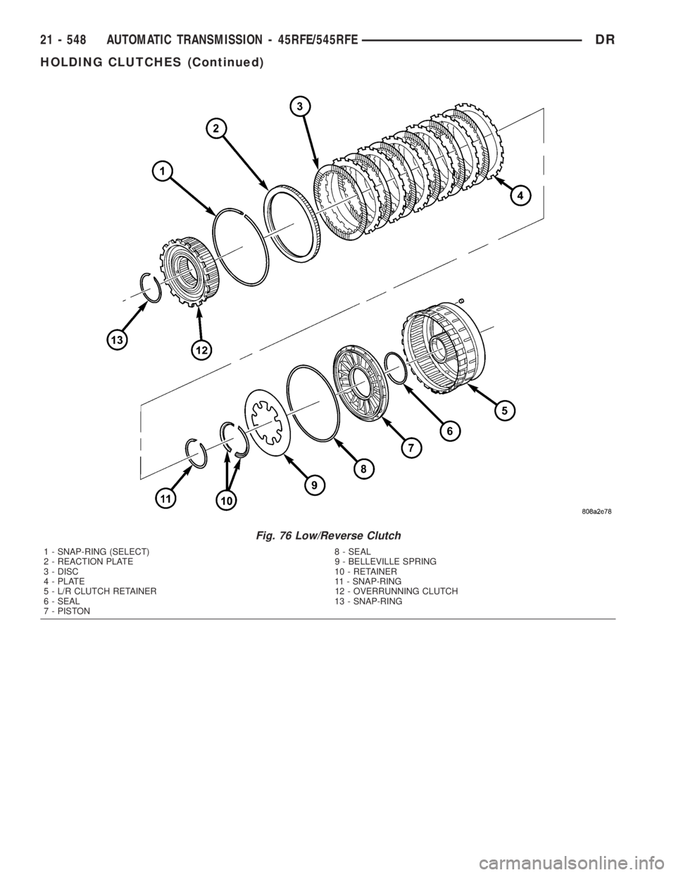 DODGE RAM 2003  Service Repair Manual Fig. 76 Low/Reverse Clutch
1 - SNAP-RING (SELECT) 8 - SEAL
2 - REACTION PLATE 9 - BELLEVILLE SPRING
3 - DISC 10 - RETAINER
4 - PLATE 11 - SNAP-RING
5 - L/R CLUTCH RETAINER 12 - OVERRUNNING CLUTCH
6 - 