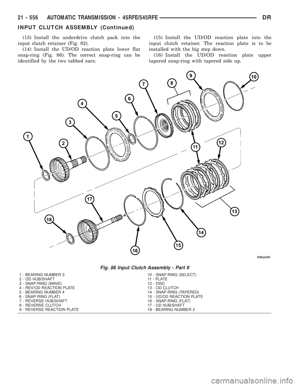 DODGE RAM 2003  Service Repair Manual (13) Install the underdrive clutch pack into the
input clutch retainer (Fig. 82).
(14) Install the UD/OD reaction plate lower flat
snap-ring (Fig. 86). The correct snap-ring can be
identified by the t