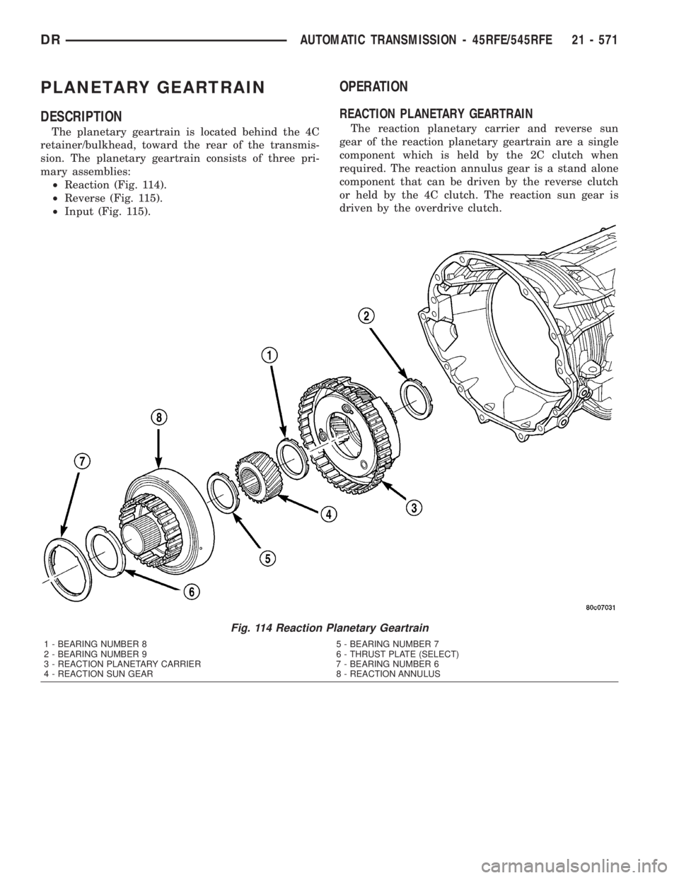 DODGE RAM 2003  Service Repair Manual PLANETARY GEARTRAIN
DESCRIPTION
The planetary geartrain is located behind the 4C
retainer/bulkhead, toward the rear of the transmis-
sion. The planetary geartrain consists of three pri-
mary assemblie