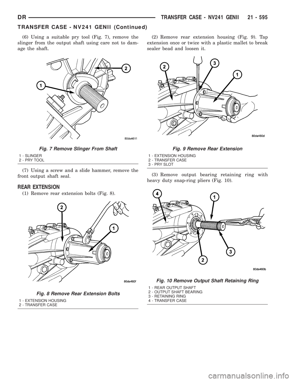 DODGE RAM 2003  Service Repair Manual (6) Using a suitable pry tool (Fig. 7), remove the
slinger from the output shaft using care not to dam-
age the shaft.
(7) Using a screw and a slide hammer, remove the
front output shaft seal.
REAR EX